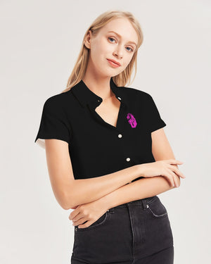 "Black Out" Collection Women's All-Over Print Short Sleeve Button Up