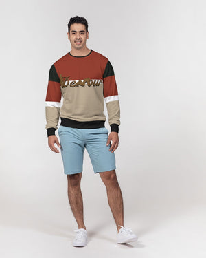 say in red Men's Classic French Terry Crewneck Pullover