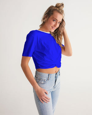 "Don't Leave Me Blue" Collection Women's All-Over Print Twist-Front Cropped Tee