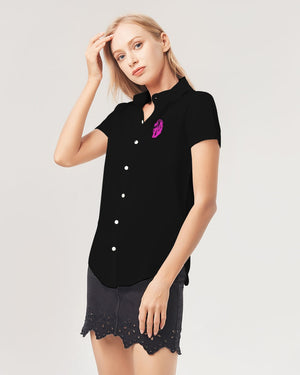 "Black Out" Collection Women's All-Over Print Short Sleeve Button Up