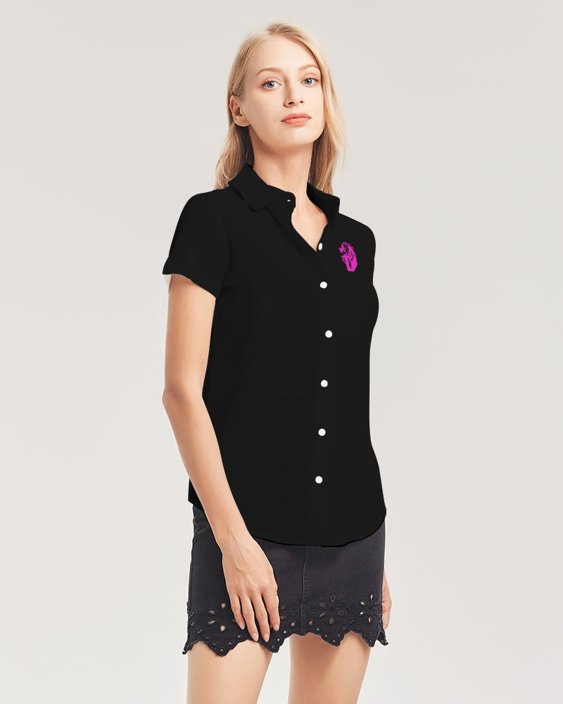 "Black Out" Collection Women's All-Over Print Short Sleeve Button Up