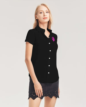 "Black Out" Collection Women's All-Over Print Short Sleeve Button Up